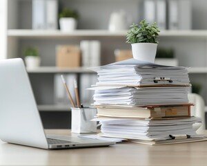A tidy workspace featuring a laptop, stacked documents, and a small potted plant, perfect for a fresh and organized office vibe.