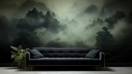 A black sofa with gold accents sits in front of a moody wall mural depicting a foggy forest with distant mountains.