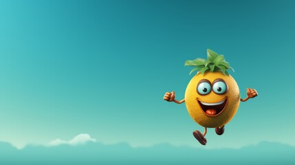 Obraz premium A cartoon orange with a happy face and green leaves on its head floats in a teal blue sky.