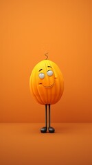 A friendly, smiling pumpkin with legs on an orange background.