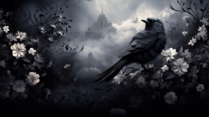 Fototapeta premium A lone black crow perches on a branch in a mysterious forest, with a distant cityscape shrouded in fog in the background.