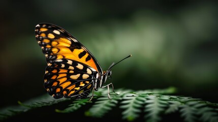 Obraz premium A vibrant butterfly with orange, black, and white wings rests on a lush green fern. The butterfly is in focus, while the background is blurred.