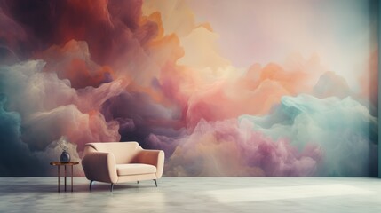 A pink armchair sits in front of a wall with an abstract cloud-like pattern.