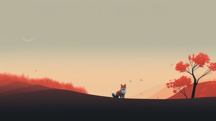 A red fox stands on a hilltop with a crescent moon in the sky, surrounded by autumnal colors.