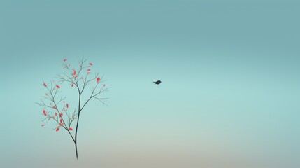 Fototapeta premium A single bare tree branch with red leaves against a blue sky with a small bird flying.