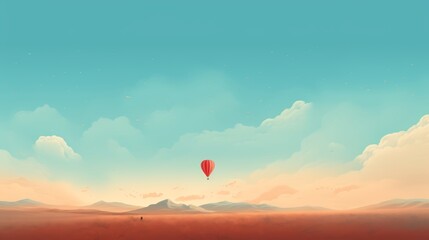 A single red hot air balloon flies over a vast desert landscape with rolling hills and a light blue sky with fluffy clouds.