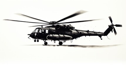 Fototapeta premium Black silhouette of a helicopter hovering against a pure white backdrop