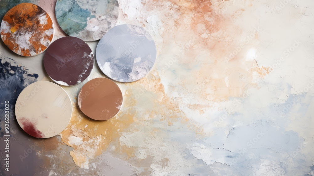 Poster abstract background with colorful round shapes on a light beige surface.