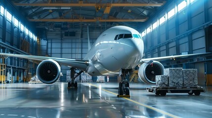 A modern airplane in a spacious hangar, ready for cargo loading. Bright lighting highlights the aircraft's sleek design.