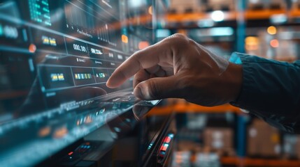 Close-up of a hand interacting with a digital touchscreen interface in a modern warehouse setting, showcasing technology and innovation.