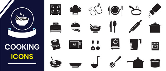 Restaurant, Cooking, kitchen vector, icon, silhouette set. Vector set of kitchen, Cooking, restaurant. Meal, cooking, menu, restaurant, food delivery, fast food and dinner icons. Vector illustration.