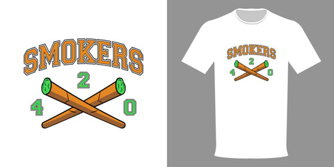 Vector illustration. SMOKERS T-shirt, two blunts 420 design. Fashionable T-shirt design in minimalist style. Streetwear of the highest quality