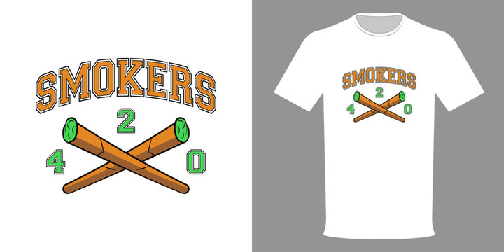 Vector illustration. SMOKERS T-shirt, two blunts 420 design. Fashionable T-shirt design in minimalist style. Streetwear of the highest quality