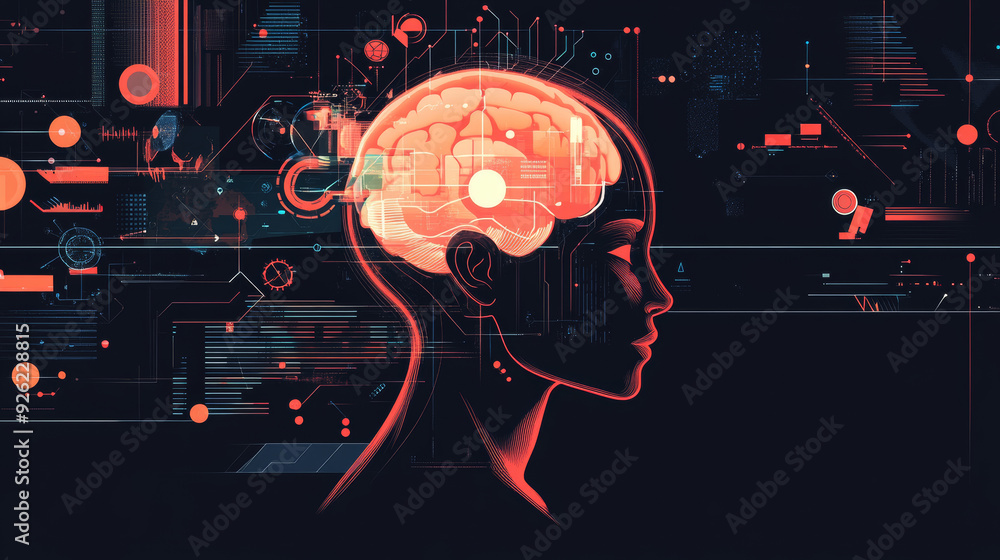Poster 2d flat illustration featuring concepts such as ai, analysis, automation, big data, brain, business,