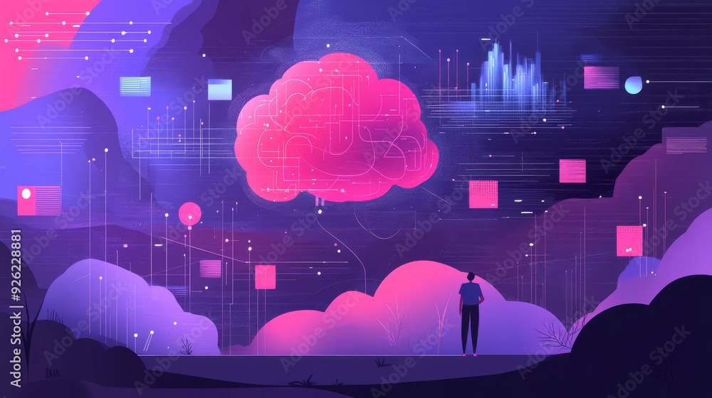 Poster 2d flat illustration featuring concepts such as ai, analysis, automation, big data, brain, business,