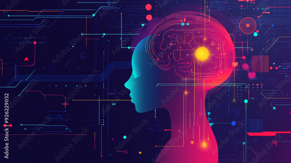 Poster 2d flat illustration featuring concepts such as ai, analysis, automation, big data, brain, business,