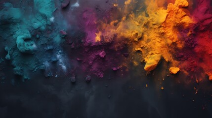 Abstract colorful powder paint splattered on black background.