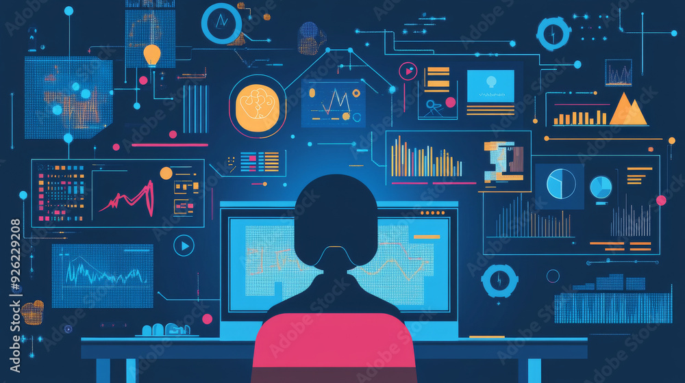 Poster 2d flat illustration featuring concepts such as ai, analysis, automation, big data, brain, business,