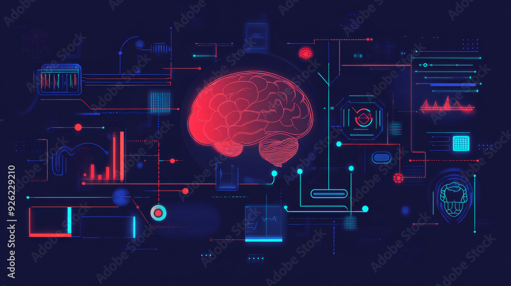 Poster 2d flat illustration featuring concepts such as ai, analysis, automation, big data, brain, business,