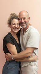 Fototapeta premium A happy couple smiles and hugs warmly, showcasing their love and friendship in a cozy indoor setting