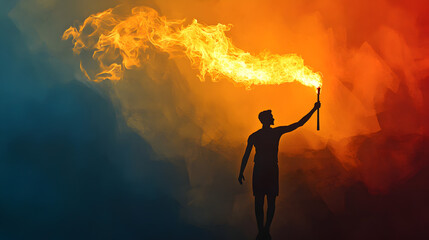 A man stands confidently, holding a fire on stick that illuminates the dark background with vibrant flames