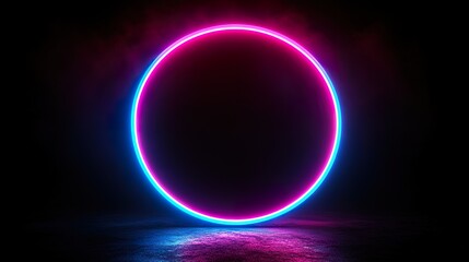Obraz premium Bright blue and pink neon circle frame against a black background