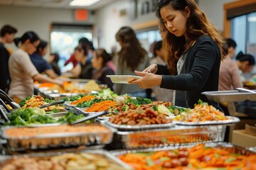 Fototapeta premium A woman is serving food from a buffet table. The scene is lively and bustling