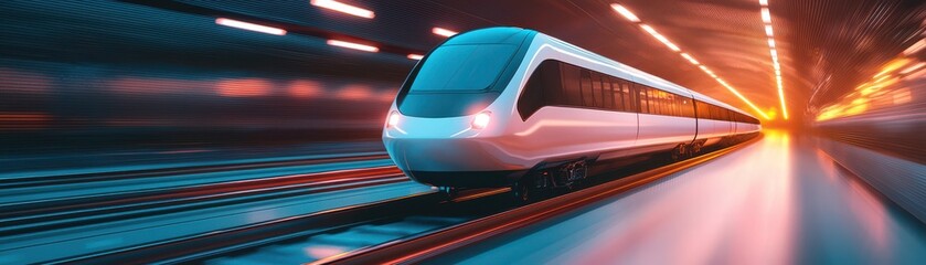 Fototapeta premium A sleek train speeds through a dynamic tunnel, showcasing modern transportation and vibrant motion blurred lights.