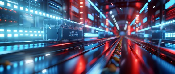 High-Tech Data Center with Dynamic Cargo Containers in Motion Blur.
