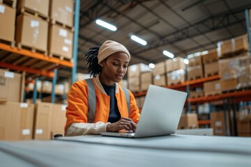 Young Female Warehouse Worker Using Laptop in Modern Logistics Center, Smart Logistics: Woman Managing Inventory Digitally in Warehouse, Supply Chain Professional Working in Fulfillment Center