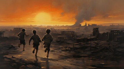 Shadowy figures of children running away from a warzone