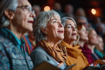 A group of older women are sitting in a theater, holding up their hands and singing. Scene is one of joy and togetherness, as the women are enjoying a shared experience of music and performance