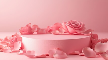 A circular pink platform surrounded by rose petals