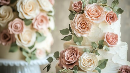 Obraz premium Detailed beautiful wedding cake with roses.