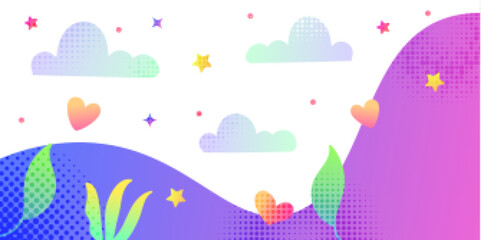 Fun and Colorful Creative Background with Clouds, Stars, Hearts and Flowers. Vibrant Gradient Background for Kids or Party Celebration with Texture Effect