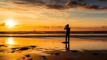 Silhouette of a person in a casual pose on a sandy beach