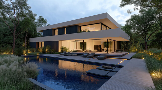 a realistic wide angle view from modern taupe plaster colored villa with black plint, thatched light grey roof, surrounded by a beautiful modern romantic garden with a lot of accent lights,