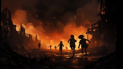 Fototapeta premium Silhouette of children running away from an explosion in a war-torn cityscape