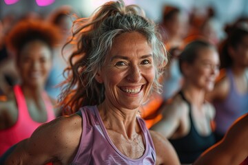 Fototapeta premium A woman in a pink tank top is smiling and posing for a photo. Concept of happiness and positivity, as the woman is enjoying herself and the moment
