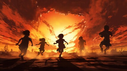 Obraz premium Silhouette of children running away from an explosion in a war-torn cityscape