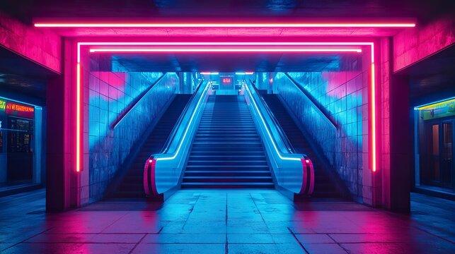 Dramatic photo with a central blue and pink neon sign