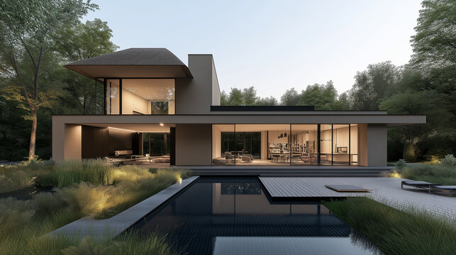 a realistic wide angle view from modern taupe plaster colored villa with black plint, thatched light grey roof, surrounded by a beautiful modern romantic garden with a lot of accent lights,