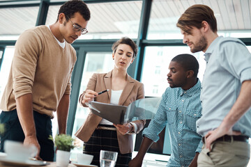 Creative, business people and discussion with file in office for project funding, financial...