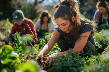 A woman is working in a garden with other people