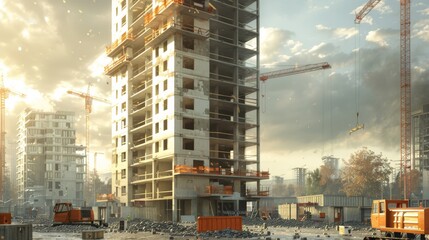 Unfinished high-rise building with cranes in the background, incomplete floors and open spaces Realistic Octane