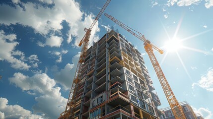 Unfinished high-rise building with cranes in the background, incomplete floors and open spaces Realistic Octane