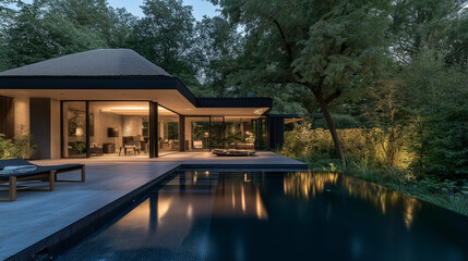 Fototapeta premium a realistic wide angle view from modern taupe plaster colored villa with black plint, thatched light grey roof, surrounded by a beautiful modern romantic garden with a lot of accent lights,