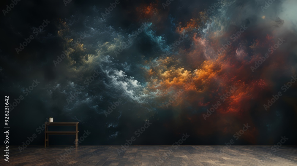Poster empty wooden floor with small table and plant in front of an abstract colorful wall of clouds.