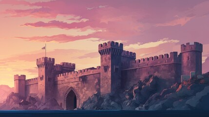 Obraz premium The profile of an ancient castle with tall towers and arched windows outlined against a gradient twilight sky,