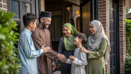 Fototapeta premium muslim family welcoming friend at home